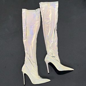 Reflective over the knee stiletto boots